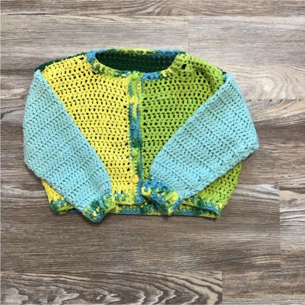 Homemade Crocheted Girls Cardigan Blue Yellow Green Duck Frog Rabbit Buttons